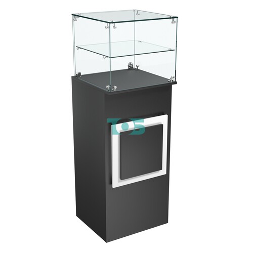 Торговый прилавок высокий квадратный с декоративной накладкой и полкой серии КВАДРАТ №12