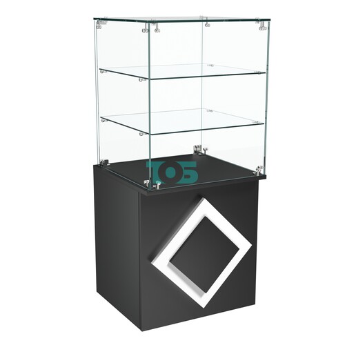 Торговый прилавок квадратный с декоративной накладкой и стеклянными полками серии РОМБ №42