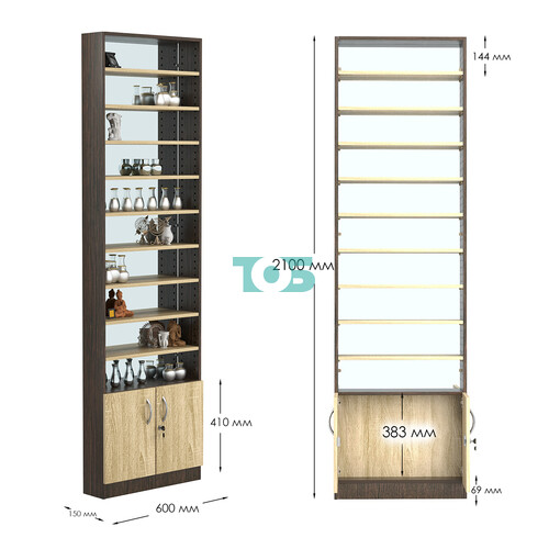 Стеллаж из ДСП с 9-ю полками 150x600 мм серии LEVEL-9 №2-2 (З/C - ЗЕРКАЛО)