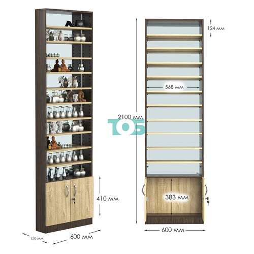 Стеллаж из ДСП с 10-ю полками 150x600 мм серии LEVEL-10 №2-2 (З/C - ЗЕРКАЛО)