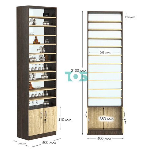 Стеллаж из ДСП с 10-ю полками 300x600 мм серии LEVEL-10 №5-2 (З/C - ЗЕРКАЛО)