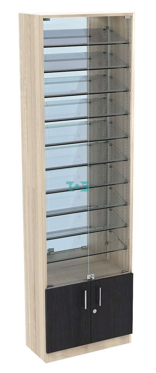 Торговая витрина с 10-ю наклонными стеклянными полками 300x600 мм серии SLANT-10 №5-2 (З/C - ЗЕРКАЛО)