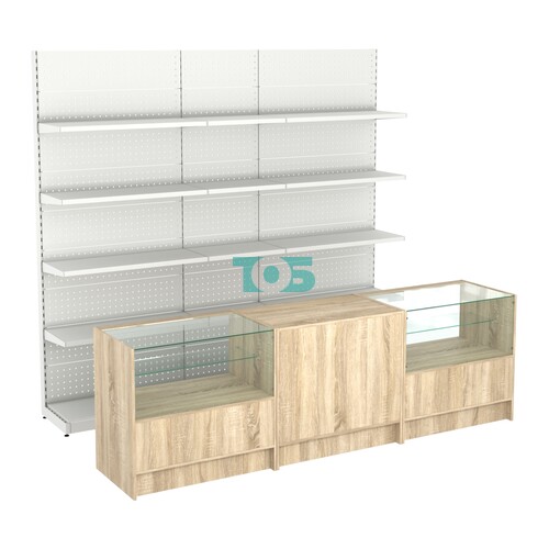 Комплект металлических стеллажей с полками и прилавков ЭК-3