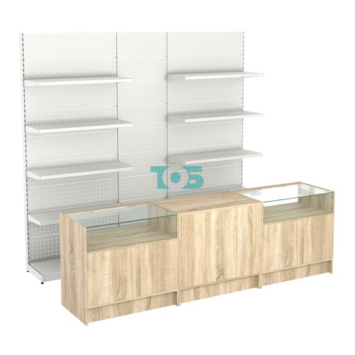 Комплект металлических стеллажей с полками и перфорацией и прилавков ЭК-2