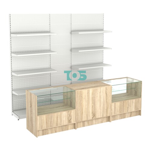 Комплект металлических стеллажей с полками и перфорацией и прилавков ЭК-3