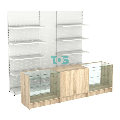 Комплект металлических стеллажей с полками и перфорацией и прилавков ЭК-4