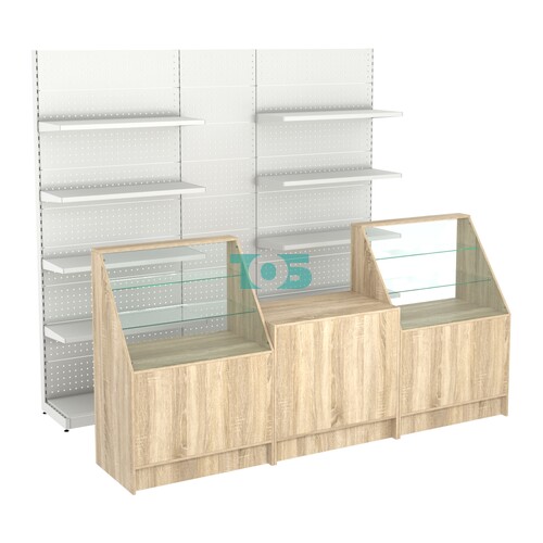 Комплект металлических стеллажей с полками и перфорацией и прилавков ЭК-7