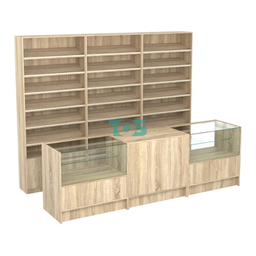 Комплект стеллажей с наклонными полками ДСП TI-6 №12 и прилавков ЭК-03