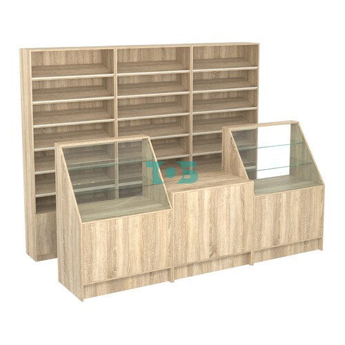 Комплект стеллажей с наклонными полками ДСП TI-6 №12 и прилавков ЭК-07