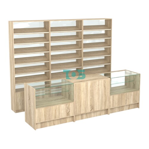 Комплект стеллажей с наклонными полками ДСП TI-6 №12-1 и прилавков ЭК-03