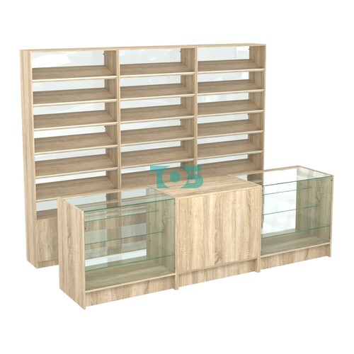 Комплект стеллажей с наклонными полками ДСП TI-6 №12-1 и прилавков ЭК-04