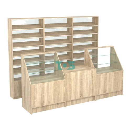 Комплект стеллажей с наклонными полками ДСП TI-6 №12-1 и прилавков ЭК-07