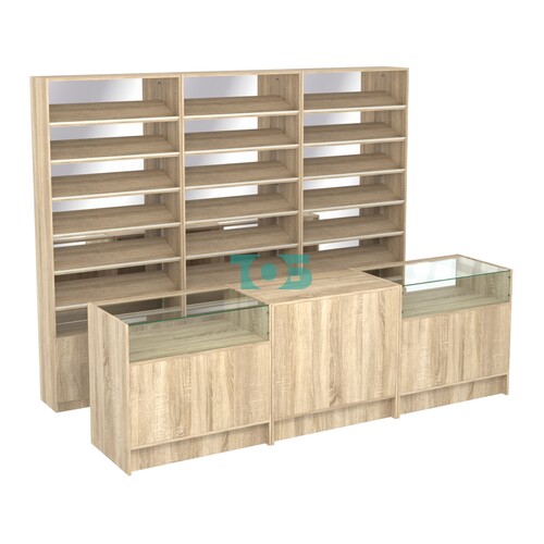 Комплект стеллажей с наклонными полками ДСП TI-6 №12-2 и прилавков ЭК-02