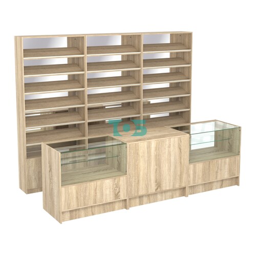 Комплект стеллажей с наклонными полками ДСП TI-6 №12-2 и прилавков ЭК-03