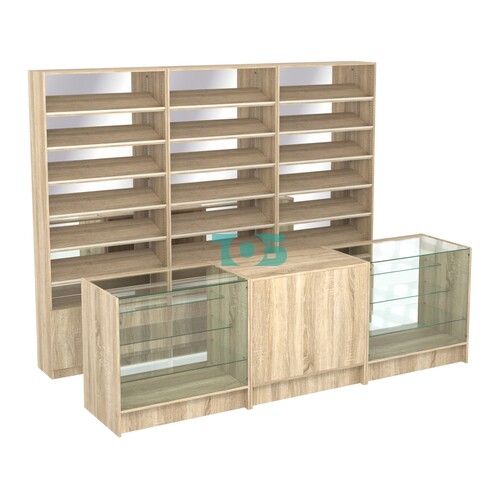 Комплект стеллажей с наклонными полками ДСП TI-6 №12-2 и прилавков ЭК-04