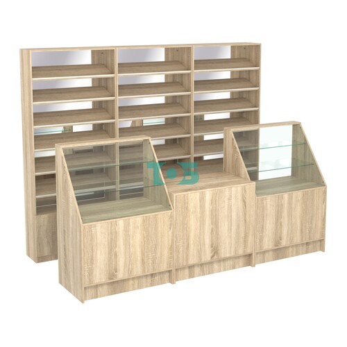 Комплект стеллажей с наклонными полками ДСП TI-6 №12-2 и прилавков ЭК-07