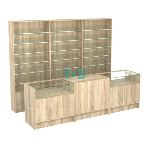 Комплект стеллажей с наклонными стеклянными полками SL-6 №12 и прилавков ЭК-02