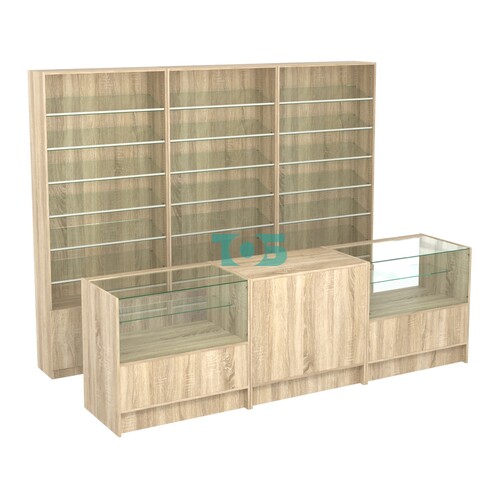 Комплект стеллажей с наклонными стеклянными полками SL-6 №12 и прилавков ЭК-03