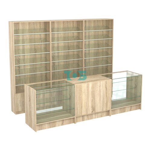 Комплект стеллажей с наклонными стеклянными полками SL-6 №12 и прилавков ЭК-04