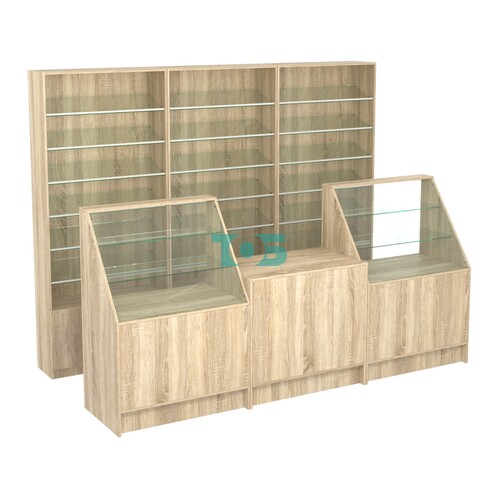 Комплект стеллажей с наклонными стеклянными полками SL-6 №12 и прилавков ЭК-07