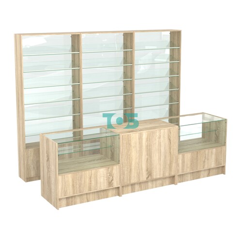 Комплект стеллажей с наклонными стеклянными полками SL-6 №12-1 и прилавков ЭК-03