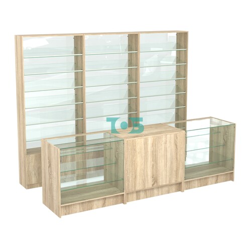 Комплект стеллажей с наклонными стеклянными полками SL-6 №12-1 и прилавков ЭК-04