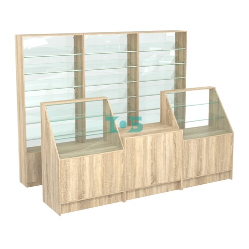 Комплект стеллажей с наклонными стеклянными полками SL-6 №12-1 и прилавков ЭК-07