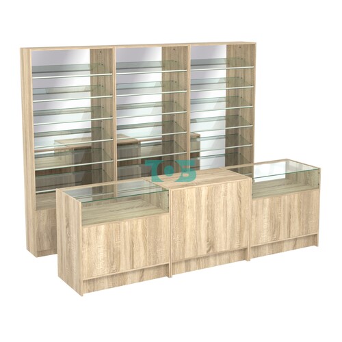 Комплект стеллажей с наклонными стеклянными полками SL-6 №12-2 и прилавков ЭК-02