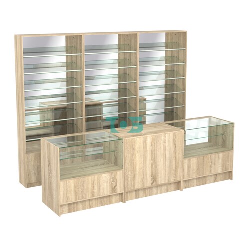 Комплект стеллажей с наклонными стеклянными полками SL-6 №12-2 и прилавков ЭК-03