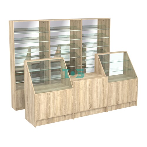 Комплект стеллажей с наклонными стеклянными полками SL-6 №12-2 и прилавков ЭК-07