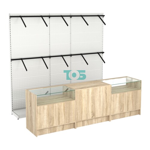 Комплект стеллажей с пристенными поручнями и прилавков ЭК-2 для торговли одеждой №5