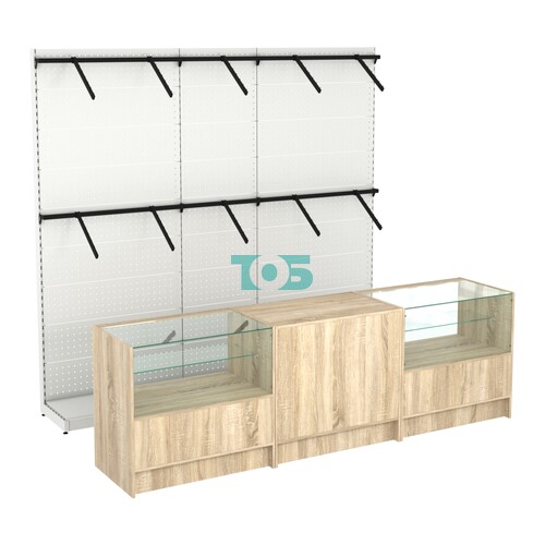 Комплект стеллажей с пристенными поручнями и прилавков ЭК-3 для торговли одеждой №6