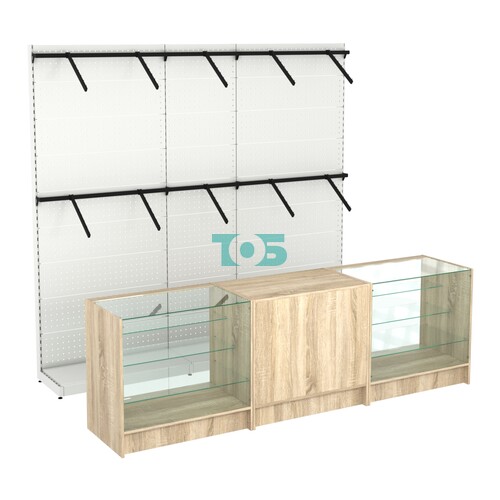 Комплект стеллажей с пристенными поручнями и прилавков ЭК-4 для торговли одеждой №7