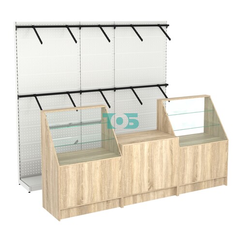 Комплект стеллажей с пристенными поручнями и прилавков ЭК-7 для торговли одеждой №8