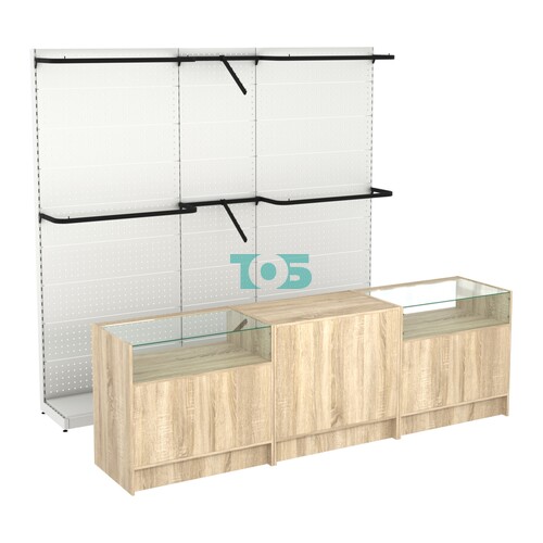 Комплект стеллажей с комбо поручнями и прилавков ЭК-2 для торговли одеждой №9