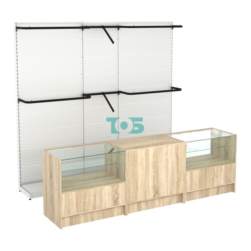 Комплект стеллажей с комбо поручнями и прилавков ЭК-3 для торговли одеждой №10