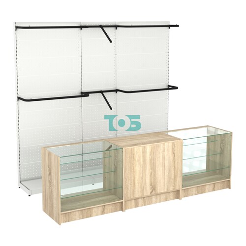 Комплект стеллажей с комбо поручнями и прилавков ЭК-4 для торговли одеждой №11