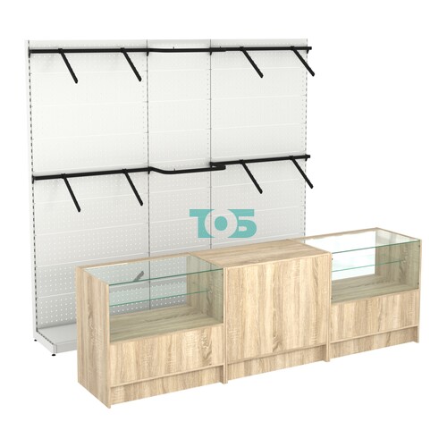 Комплект стеллажей с поручнями П-П и прилавков ЭК-3 для торговли одеждой №14