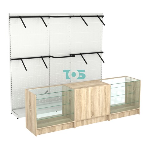 Комплект стеллажей с поручнями П-П и прилавков ЭК-4 для торговли одеждой №15