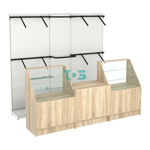 Комплект стеллажей с поручнями П-П и прилавков ЭК-7 для торговли одеждой №16