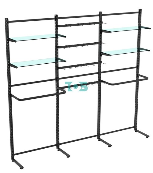 Пристенная система с П-поручнем стекл полками и под крючки для одежды ЛОФТ №7-1 (2700-2400мм)