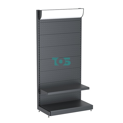 Стеллаж торговый металлический "ГРАФФ" №2-2.15-1ПФ с перфорацией, полкой и лайтбоксом