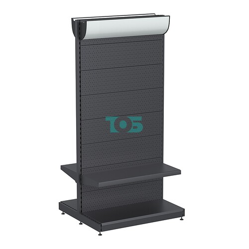 Стеллаж торговый металлический островной "ГРАФФ" №6-2.15-1ПФ с перфорацией, полкой и лайтбоксом