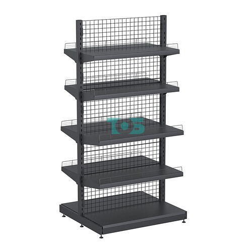 Стеллаж торговый металлический островной с сетчатой задней стенкой "ГРАФФ" №7-2.15-1-ОГР с полками, с ограничителями