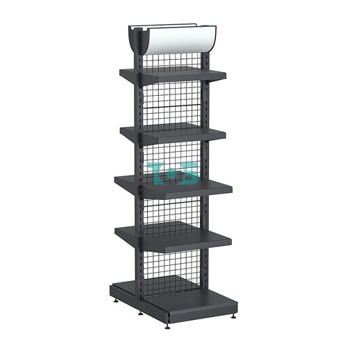 Стеллаж торговый металлический островной с сетчатой задней стенкой "ГРАФФ" №7-2.15-0.6Ф с полками и лайтбоксом