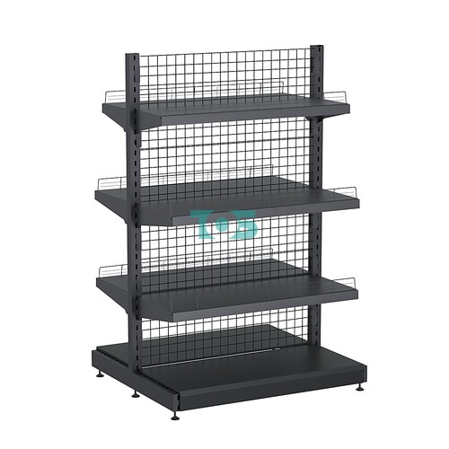 Стеллаж торговый металлический островной с сетчатой задней стенкой "ГРАФФ" №7-1.65-1-ОГР с полками, с ограничителями