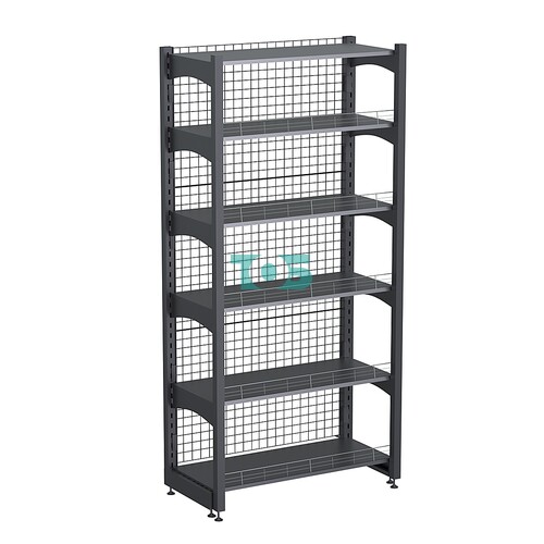 Стеллаж торговый металлический с сетчатой задней стенкой "ГРАФФ" №13Л-2.15-1-ОГР с полками, с ораничителями, с лицевыми доп. стойками .