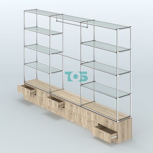 Торговая система ХРОМ без ДСП 3600 мм с тумбами Т14, прозрачными полками и поручнями №1