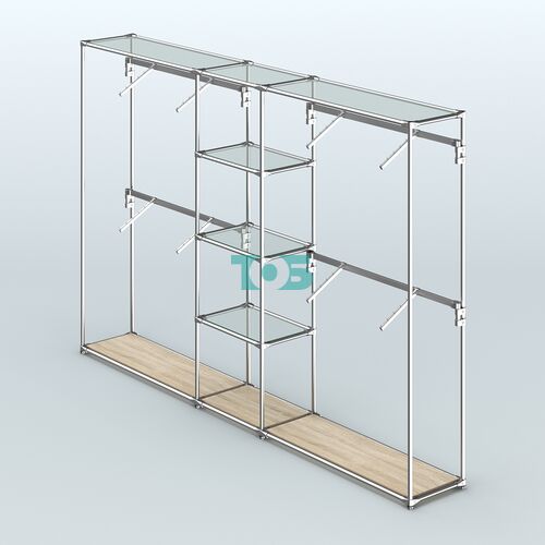 Торговая система ХРОМ без ДСП 3030 мм с прозрачными полками и поручнями №8