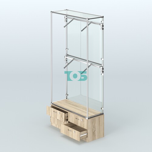 Торговая система ХРОМ (задняя стенка - стекло) 1200 мм №3-2 с тумбой Т-14 и поручнями